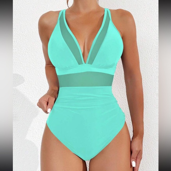 Luxe mint blue mesh insert one piece swimsuit